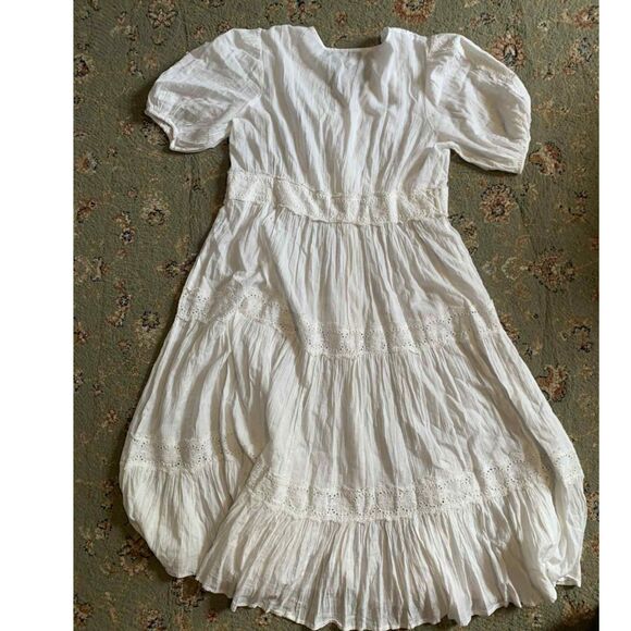 April Cornell Liberty White Cotton Puff Sleeve Lace Tiered Midi Dress, size XL - Picture 3 of 7